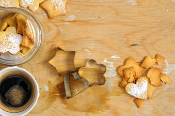 Homemade shortbread with powdered sugar cookies and coffee