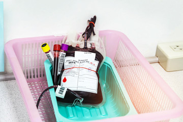 blood bag in basket at laboratory the hospital 