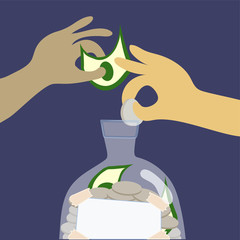Hands Inserting Coin and Bank Note into Saving Jar, Isolated Saving Money concept Close up