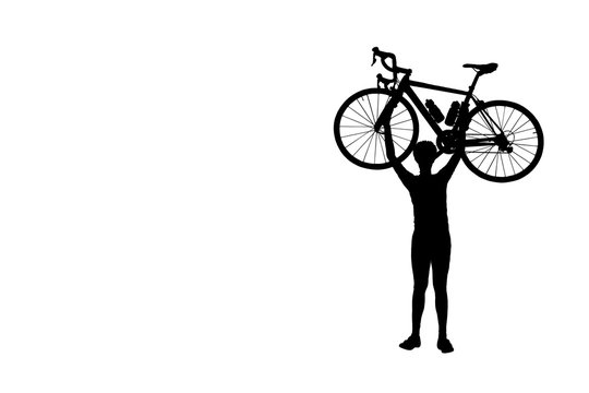   Silhouette the man stand in action lifting bicycle above his head  isolate on white background