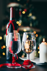 glasses of wine, champagne with Christmas decoration