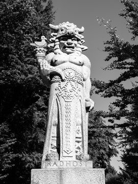Statue of god Radegast on Radhost Mountain in Beskydy Mountains, Moravia, Czech Republic . Black and white image.