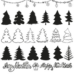 Christmas tree silhouettes.Lettering.Black