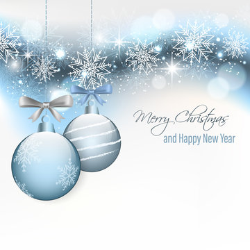 Christmas card with hanging baubles and snowflakes. Happy New Year.