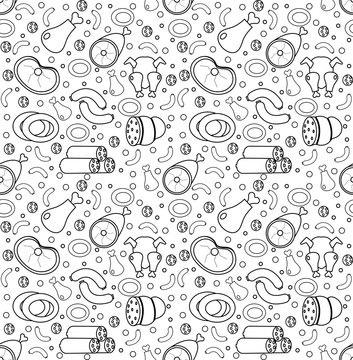 Meat products seamless pattern, modern line, doodle, sketch style. Meats and sausage endless background, texture. Vector illustration.