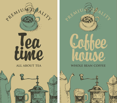 set of vector banners on the theme of tea and coffee with pictures of kitchen equipment