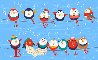 Christmas birds on wires greetings card. Christmas Birds holding Jingle Bells words. Happy New Year.