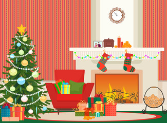 Christmas livingroom flat interior vector illustration. Christmas New Year tree, red armchair and fireplace with socks. Christmas wall red pattern.