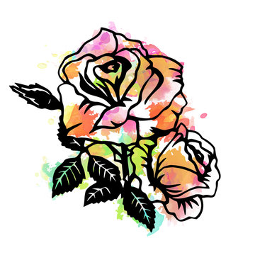 эскиз татуировки розы с листьями 