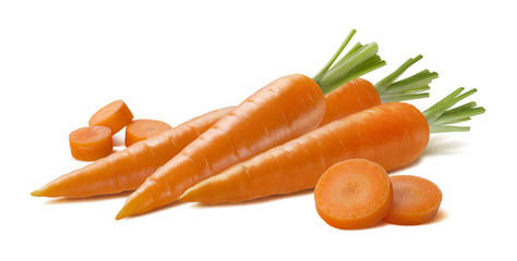 Fresh carrot group with pieces isolated on white background