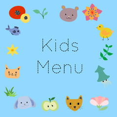 Kids Menu Decorated with Kids Drawings in Animals and Plants Theme