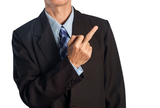 Middle finger / Businessman show middle finger on white background.