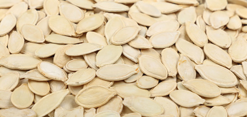 Raw pumpkin seeds close up background