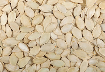 Raw pumpkin seeds close up background top view