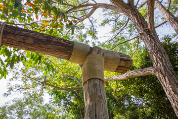 Fototapeta premium Wood with a rope tied. ropes with a knot.