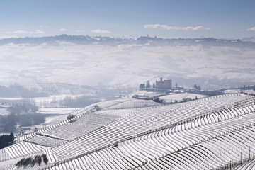 View of the Castle of Grinzane Cavour in winter with snow
