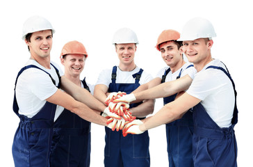 Large group of workers standing in circle top view