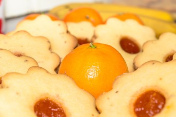 Homemade apricot jam Linzer with fruits close up