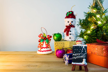 Mary Christmas and happy new year event on wood . Open Warm white light