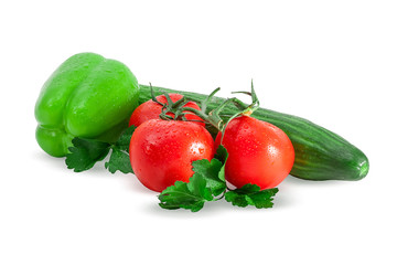 Composition of tomatoes, cucumber, bell pepper and parsley on white background