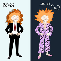 Abstract watercolor illustration two lion different, boss in suit and tie