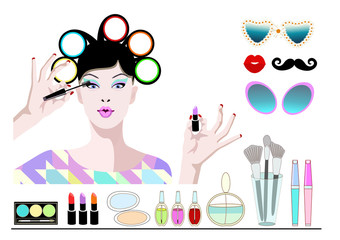 Abstract vector draw cool girl, hair curlers, color eyelashes lips, makeup, toiletries, sunglasses