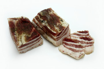 Pork bacon on a white background.