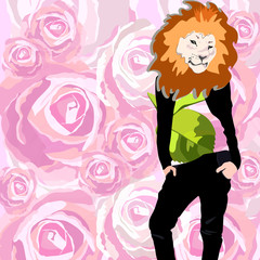 Abstract watercolor drawing of lion groom, black suit, floral print, vector background of pink roses