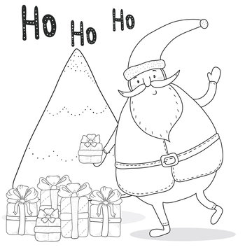 Christmas coloring page with Santa Claus, Christmas tree, gift boxes.