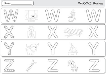 Cartoon witch, window, x-ray boy, xylophone, yak, yacht, zebra a