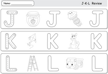 Cartoon jellyfish, jam, kite, kangaroo, lorry and ladder. Alphab