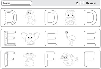 Cartoon dog, doll, elephant, emu, frog and fish. Alphabet tracin