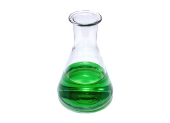 Chemical flask with green liquid on white background