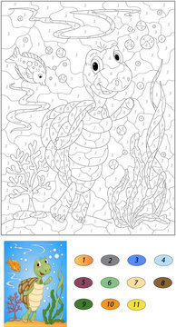 Cartoon turtle and fish in the ocean. Color by number educationa