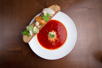 Ukrainian and russian national red borscht of vegetables and meat
