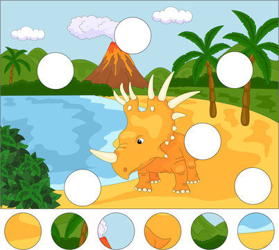 Funny cute styracosaurus the background of a prehistoric nature.