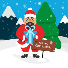 Cute asian Santa Claus with a gift in its hands. Landscape of mountains , forest, snow. Modern flat design.