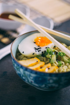 Ramen with noodles, egg and scallion