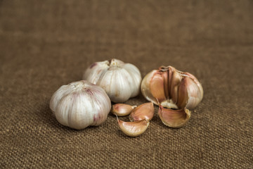 Garlic on brown background