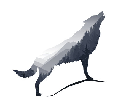 Silhouette of howling wolf with gray mountains landscape.