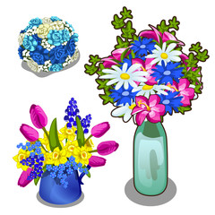 Three bright bouquet of flowers in vase and pot