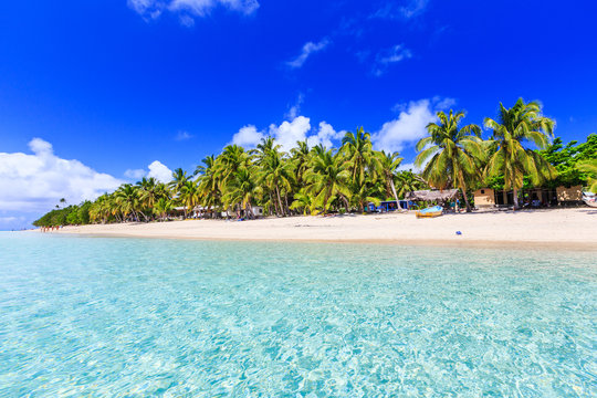 Beach on a tropical island with clear blue water. Dravuni Island, Fiji.