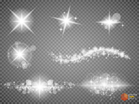 Silver glitter bokeh lights and tinsel. Bright star, solar particles and sparks with glare effect on a transparent background