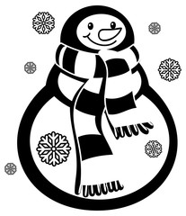 Contour snowman and snowflakes a white background. Coloring page.