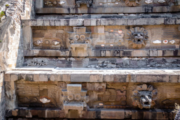 Carving details of Quetzalcoatl Pyramid at Teotihuacan Ruins - Mexico City, Mexico