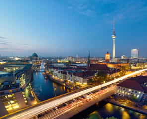 Berlin, bird view over Alexanderplatz and river at night