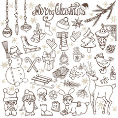 Christmas season doodle icons,animals.Retro