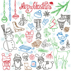 Christmas season doodle icons,animals.Linear