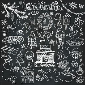 Christmas season doodle icons,symbols.Chalk