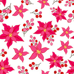 Christmas seamless pattern,red Poinsettia,berries